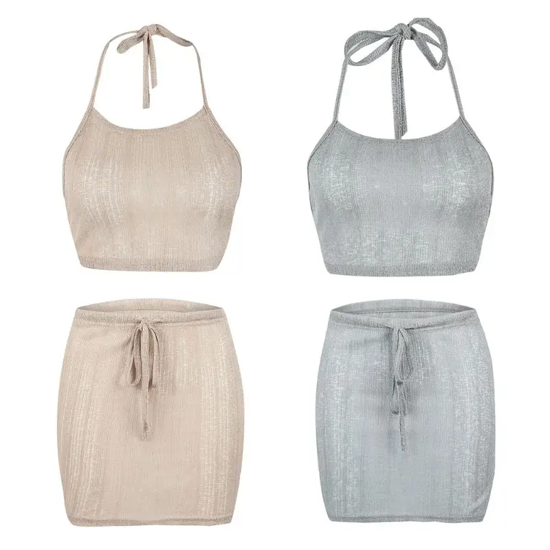 1 Set Women Summer Beach Dress Sexy See Through Bodycon Halter Bikini Cover-up Knitted Bandage Beachwear Mini 2019 | Женская одежда