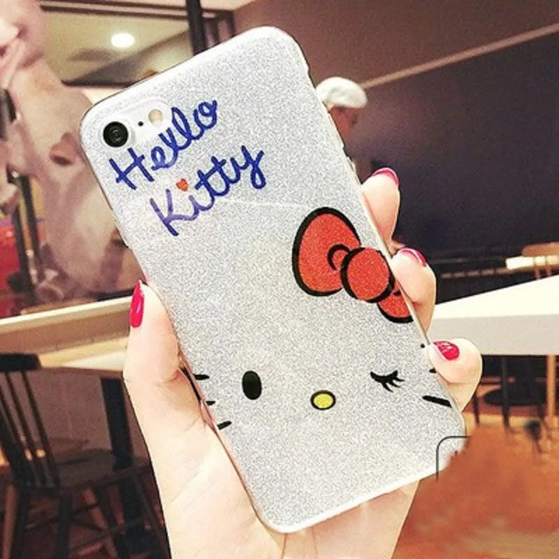 Draw Original Cute Hello Kitty Bling Glitter edge Soft Phone Case for iPhone 7 6s Plus Shine Back Cover iphone 8 X | Мобильные