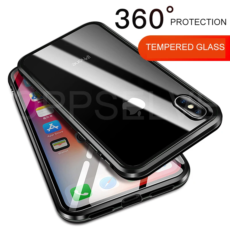 Double Sided Magnetic Phone Case For iPhone XR XS MAX X 10 Tempered Glass Case For iPhone 8 7 6 6S Plus Metal Magnet Cover Coque