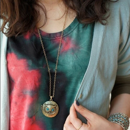 Vintage Bronze Green Eye Owl Open Photo Frame Setting Locket Pendant Necklaces Women Long Chains Sweather Pendants | Украшения и