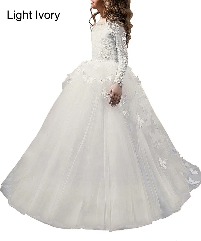 Слоновая кость Vestidos De Primera Comunion/, розовые длинные вечерние платья принцессы с длинными рукавами для девочек, костюм для детей 2, 3, 4, 5, 6, 7, 8, 13 лет - Цвет: Слоновая кость