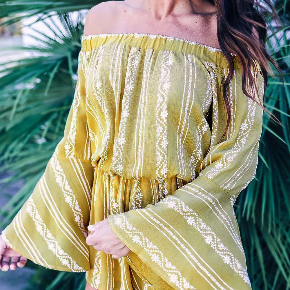 Playsuit Women Bohemian Off The Shoulder Printing Striped Long Sleeve Jumpsuit Rompers Top Summer Beach |