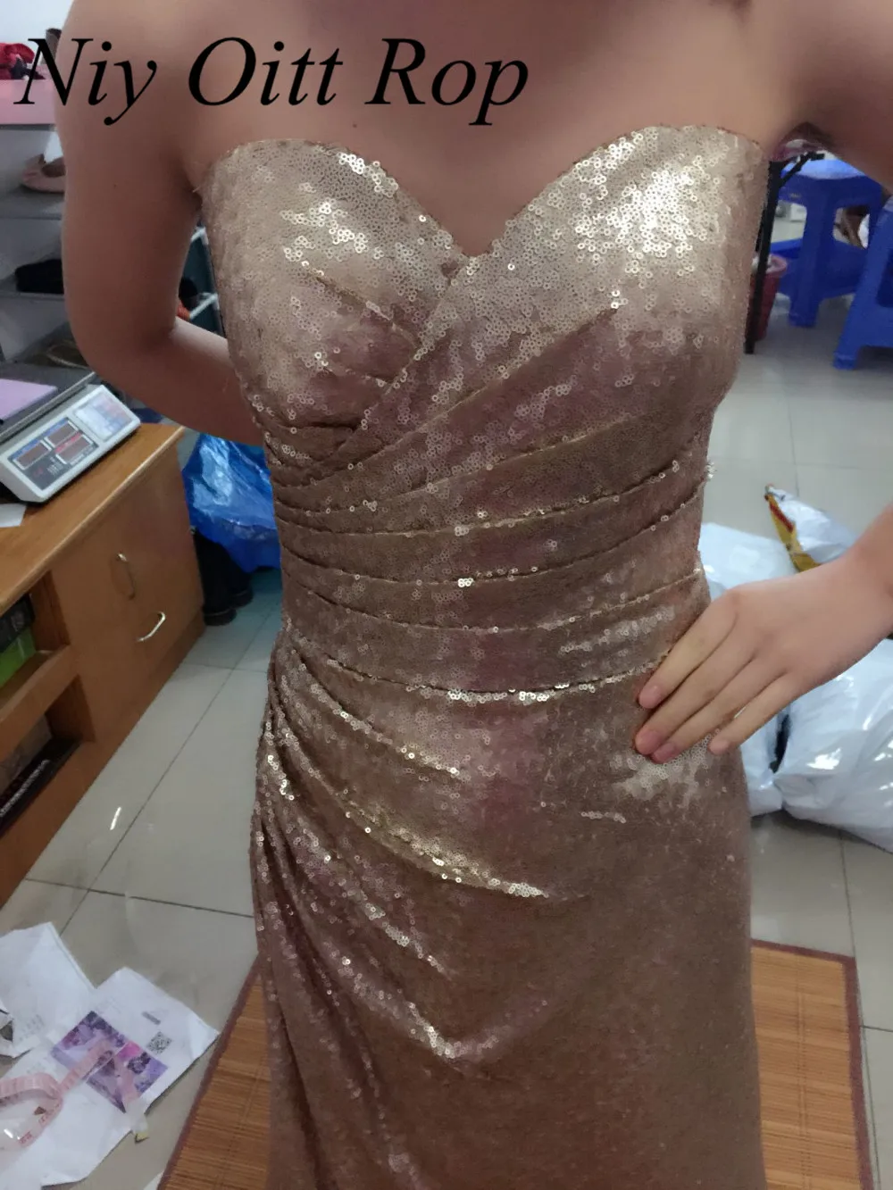 2017 Дешевые Роза Золотые блестки длинные вечерние платья без бретелек Длина Милая