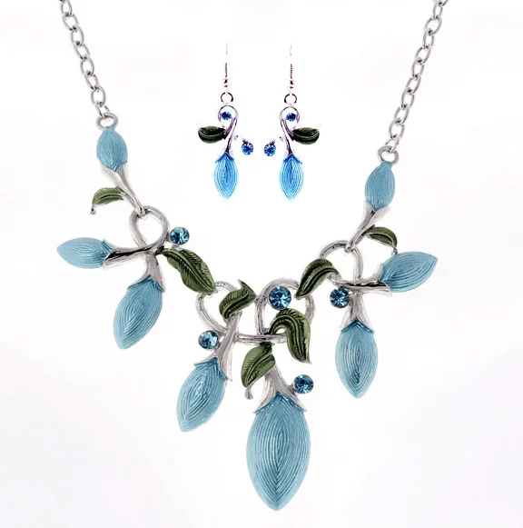 Ожерелья покрытые эмалью Стразы колье с кулонами из листьев и серьги набор