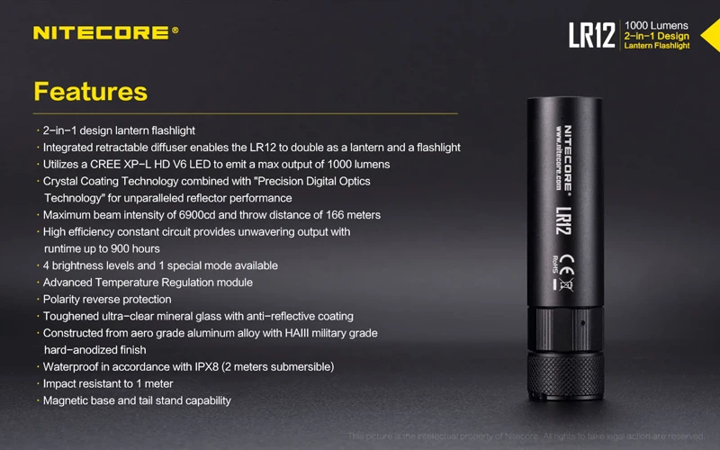 Горячая Nitecore LR12 2 в 1 дизайн CREE XP-L HD V6 светодиодный 1000 люмен выдвижной портативный фонарь