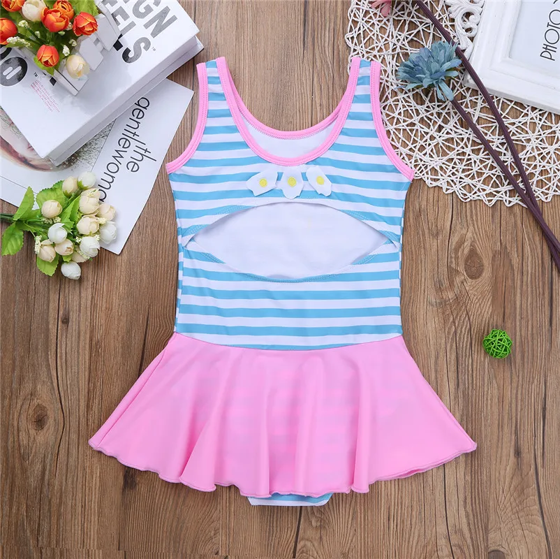 Детский слитный купальник TiaoBug в полоску с цветочной аппликацией для девочек