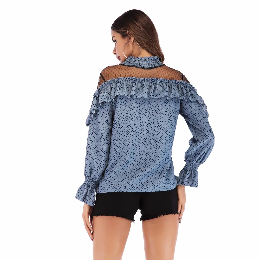 

PGSD Fashion women clothes Point Leopard Print Horn Sleeve Mesh Splicing Lotus Edge Turtleneck Chiffon Shirt Pullover Top female