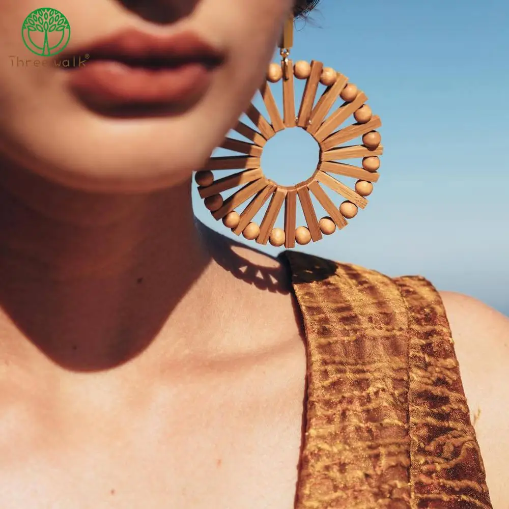 

Vintage Ethnic Wooden Big Circle Round Earring for Women Fashion Geometric Handmade Weave Rattan Knit Drop Earring za Jewelry