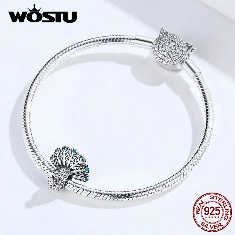 WOSTU,, модные бусы павлина, 925 пробы, Silve Zircon, шарм, подходит для оригинального браслета, кулон, сделай сам, для изготовления ювелирных изделий CQC1260