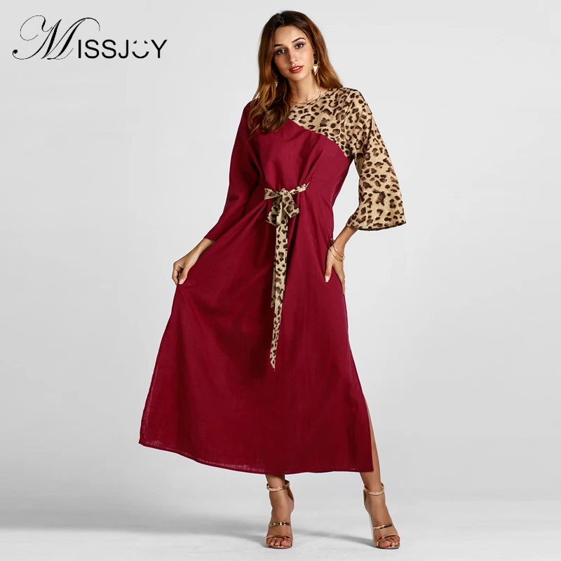 Длинное леопардовое платье макси MISSJOY Vestidos Largos с поясом 2018 Осеннее сексуальное
