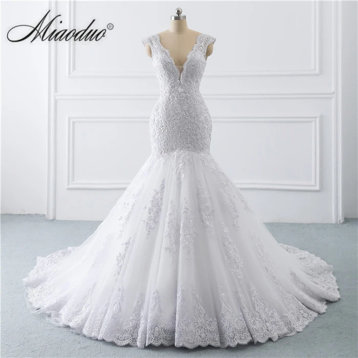 Vestido de noiva sereia branco abiti da sposa Иллюзия Кнопка сзади Кружевная аппликация с жемчугом Кристалл V образным вырезом Свадебные платья Новые