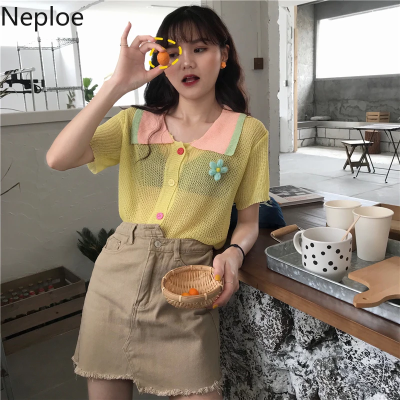 Neploe трикотажные шелковые женские футболки лето 2019 корейский отложной воротник