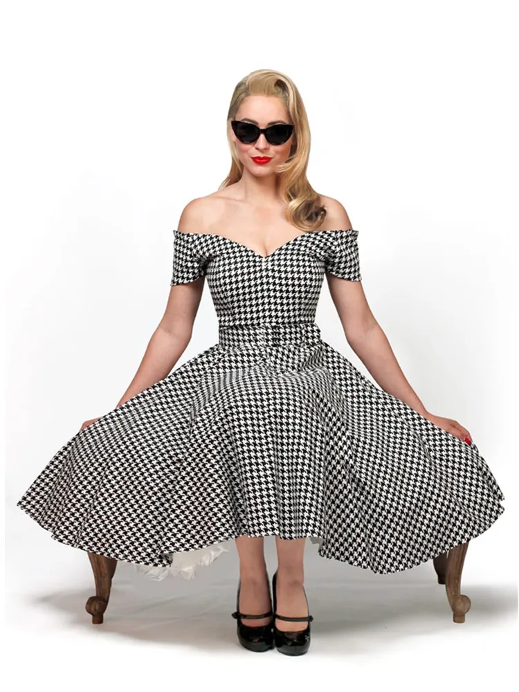 30-летние женские винтажные 50's houndstooth круг качели платье в черном и белом цвете плюс размер платья рокабилли vestidos pin up jurken - Цвет: as show