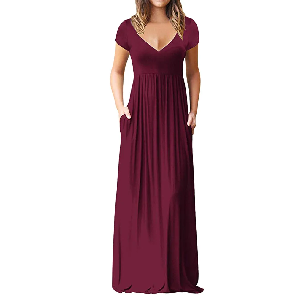 Summer Maxi Long Dress Women Femme Boho Dresses Plus Size Casual Pockets Short Sleeve V-neck Solid Vestidos S-2XL | Женская одежда