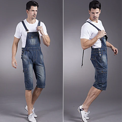 M-6XL plus-size ! Men's clothing summer denim bib pants capris knee-length casual loose pants short trousers