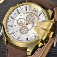 mens watches top brand luxury gold round big wrist xinew 0201 original leather quartz watch with sub dials montre homme luxe