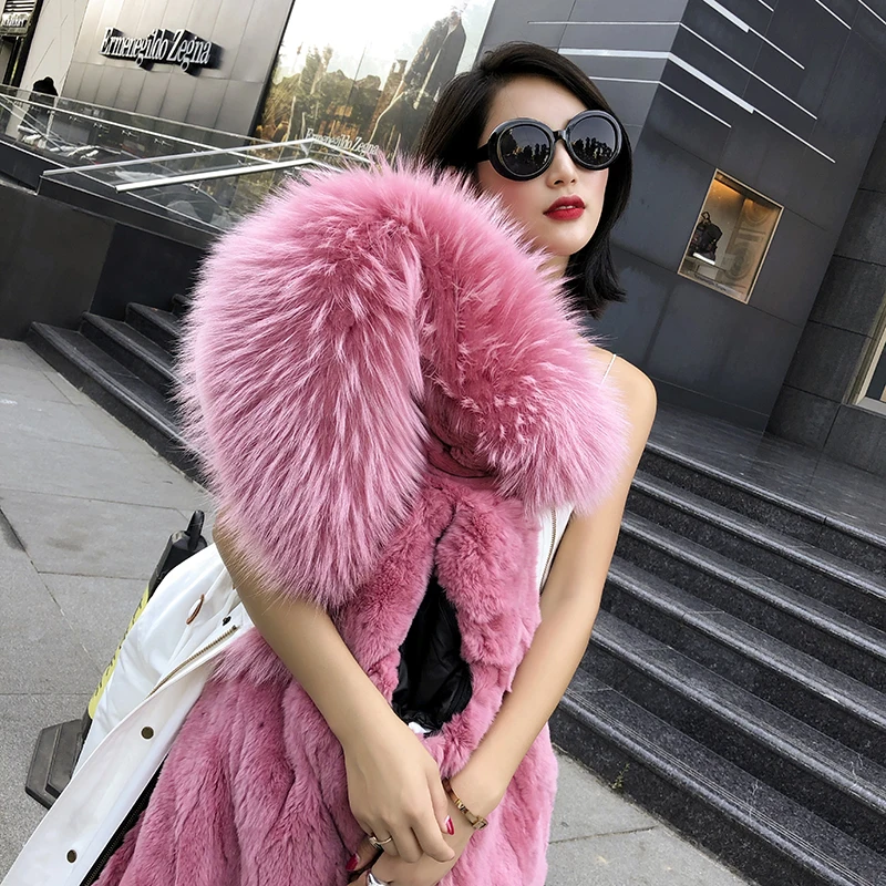 white ice pink Зимнее женское пальто с отстегивающимся кроличьим мехом,, теплая Женская куртка с капюшоном с натуральным мехом - Цвет: white ice pink