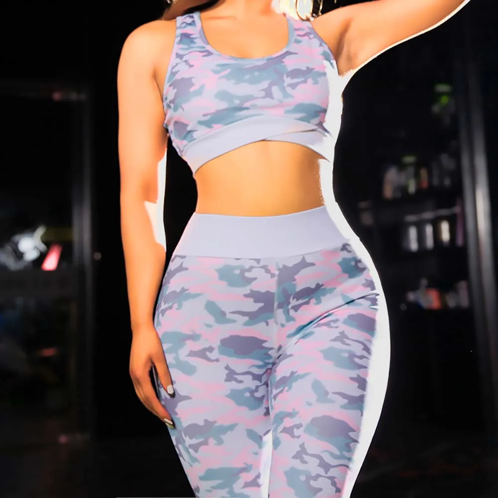 Женский эластичный костюм для йоги FDBRO спортивный с высокой талией и камуфляжным