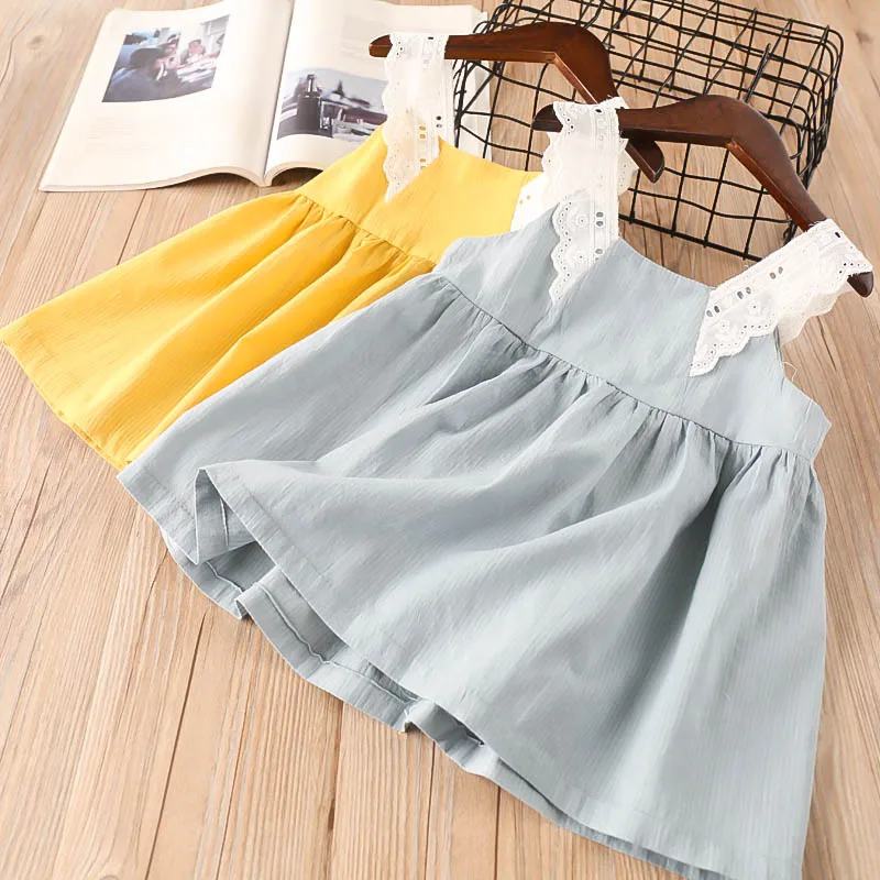 Hurave cotton causal camis dress hot sale summer Baby Girls solid lace Dress Clothes Children Sleeveless Kids button Dresses | Детская