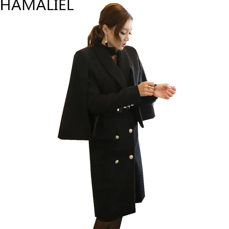 HAMALIEL, зимняя женская черная твидовая верхняя одежда, модная двубортная накидка с длинным рукавом, 2 предмета, шерстяное пальто с отложным воротником - Цвет: Черный