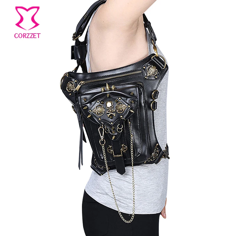 

Fashion Black PU Leather Rivet Chain Gothic Steampunk Skull Retro Vintage Corset Waist Belt Bag Leg Shoulder Messenger Bags 2017