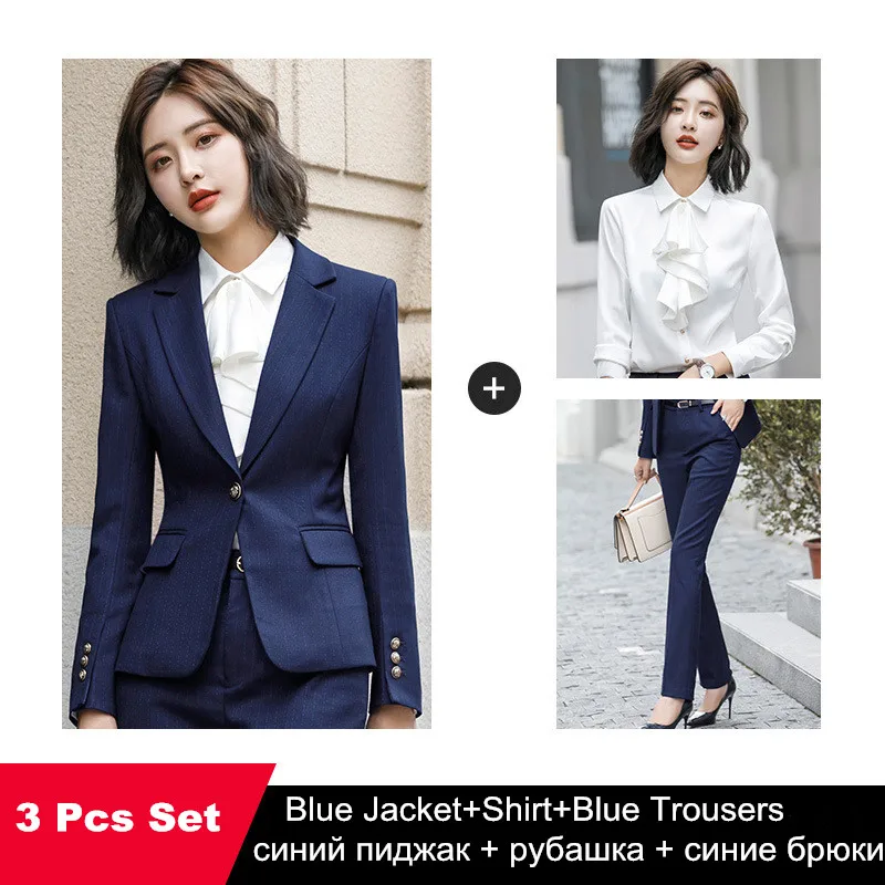 blue 3 pcs pant suit Женская юбка, костюм с карманами, Элегантный Приталенный Блейзер в полоску+ юбка, 2 предмета, деловой костюм с юбкой, офисная одежда XU973 - Цвет: blue 3 pcs pant suit