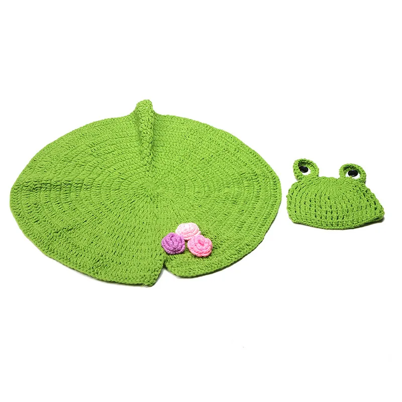 Handmade Blanket For Newborn Baby Photo Props Lotus Leaf  Blanket WIth Frog Hat Knitted Receiving Blankets Photography Props