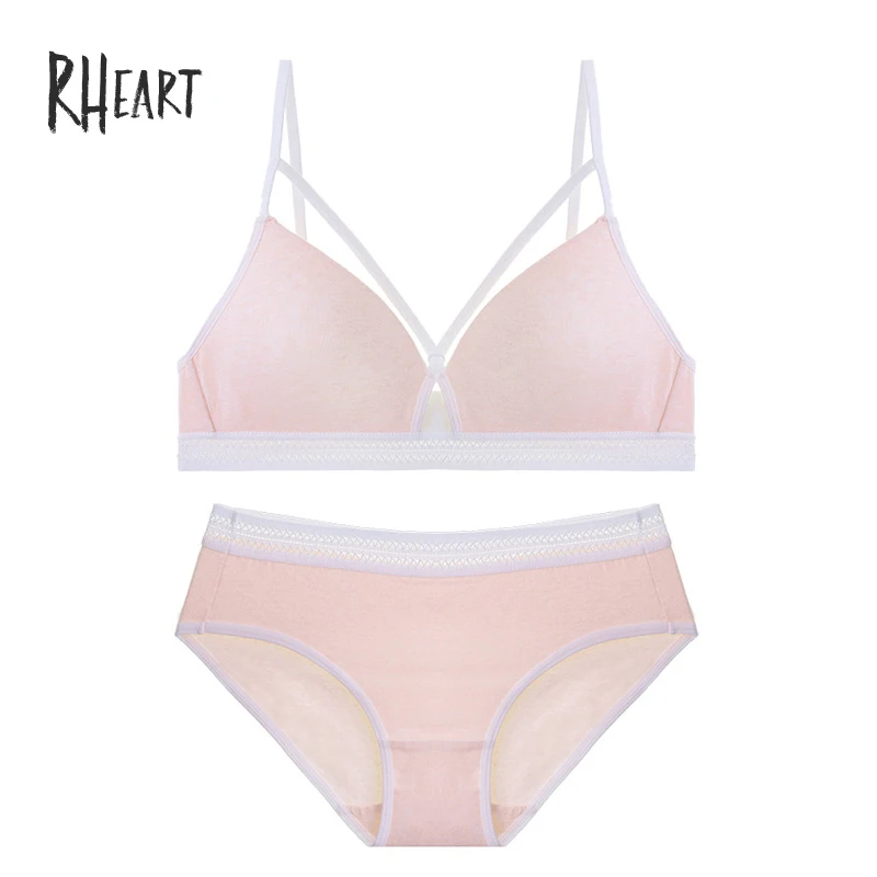 Pink Roseheart, новинка, женское, модное, голубое, розовое, сексуальное нижнее белье, на бретельках, кружево, с вырезами, бюстгальтеры, хлопковые трусики, мягкий, пуш-ап, Беспроводной Комплект бюстгальтеров - Цвет: Pink