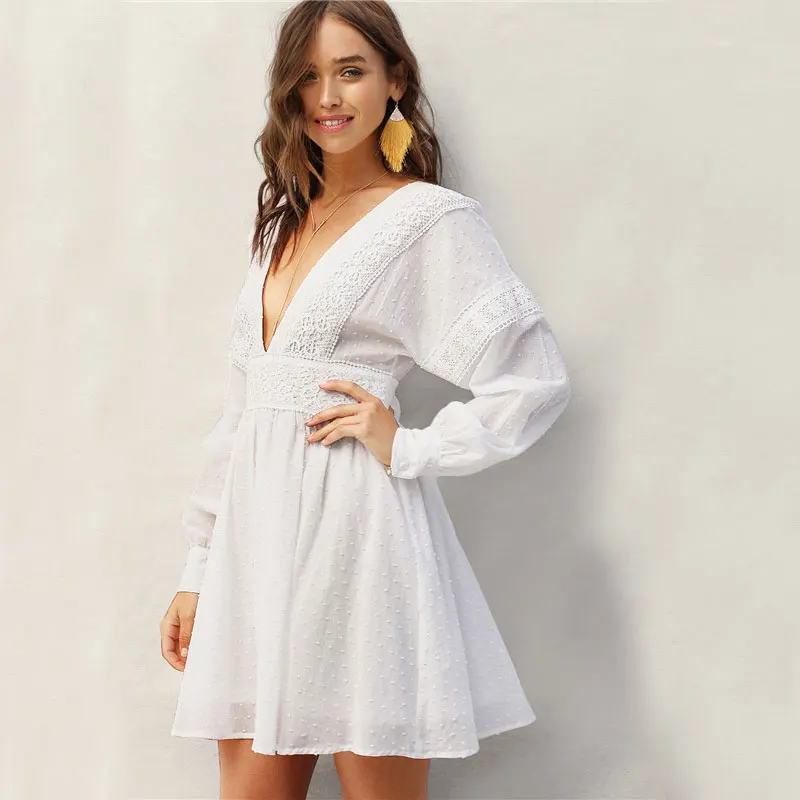 SHEIN Жаккардовое Платье С V-Образным Глубоким Вырезом И Кружевом Женское Весеннее Богемное Платье С Длинными Рукавами