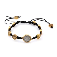 1pcs antique gold alloy saint benedict medal on adjustable black cord hand woven wrist bracelet for men ms jewelry gift c 28