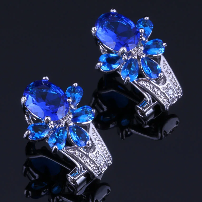 

Smooth Flower Blue Cubic Zirconia Silver Plated Clip Hoop Huggie Earrings V0908