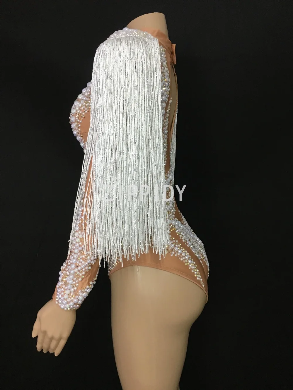 Fashion Flashing Stones Pearls White Tassel Spandex Bodysuit Female Singer Costume Nightclub Party Show Women's Dancer Oufit