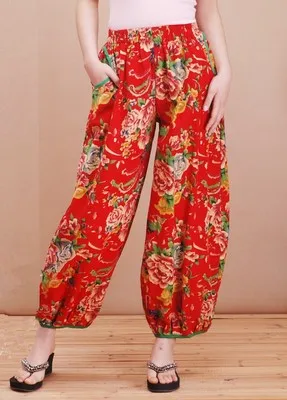 Хлопковые Штаны большого размера с цветочным принтом в национальном стиле