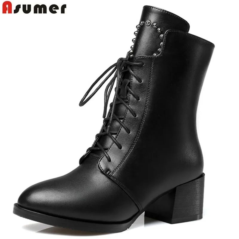 

ASUMER fashion black lace up zipper women boots new arrive genuine leather ankle boots round toe rivet autumn winter boots