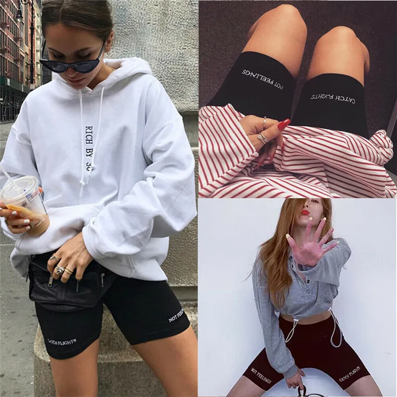 

Fall high waist shorts women elastic waist biker shorts Knee length casual cotton blend print black shorts korean women clothes