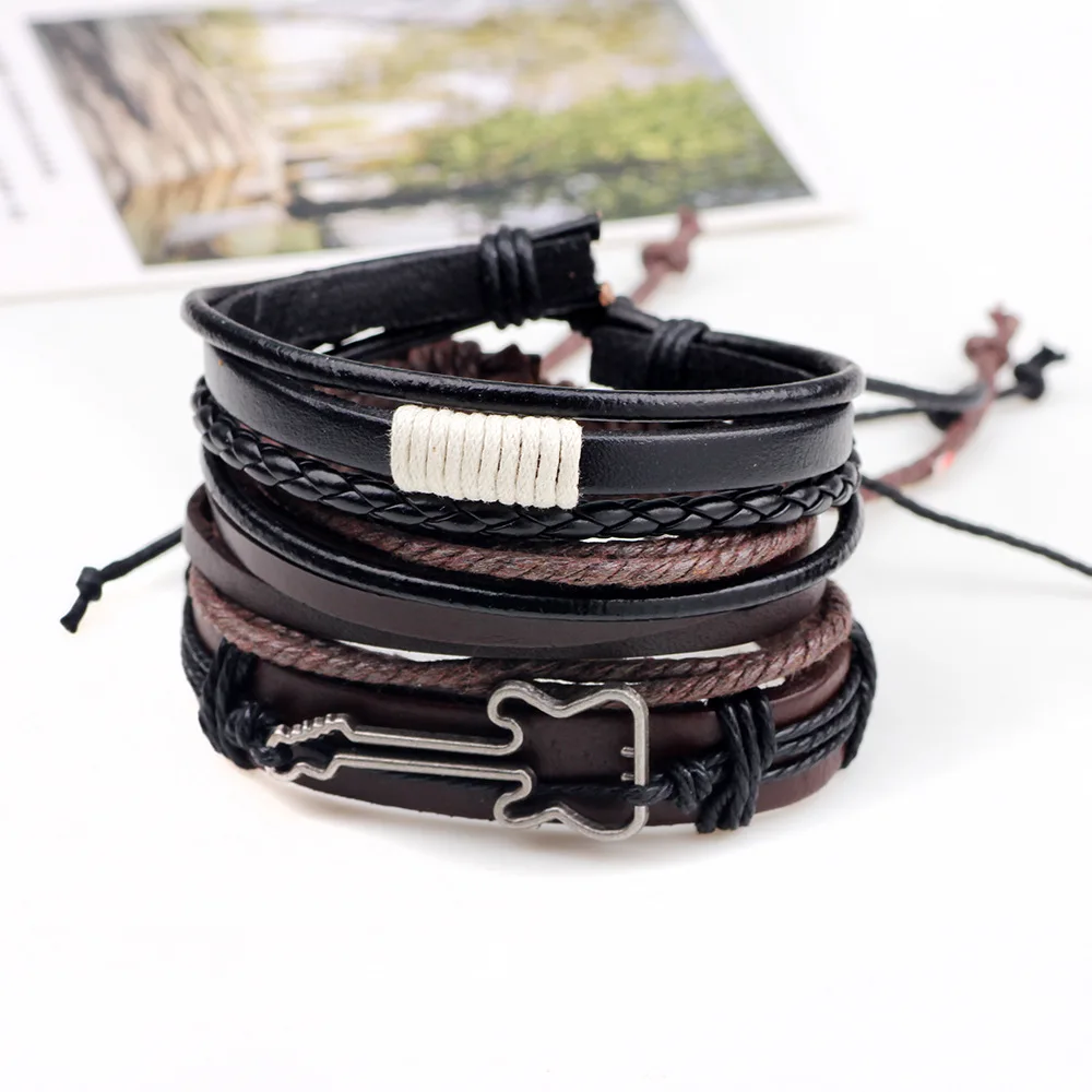dankaishi 4pcs/set Handmade Customized Punk Vintage Genuine Leather Hemp Rope PU Braided Multicolor Women Jewelry Men Bracelets |