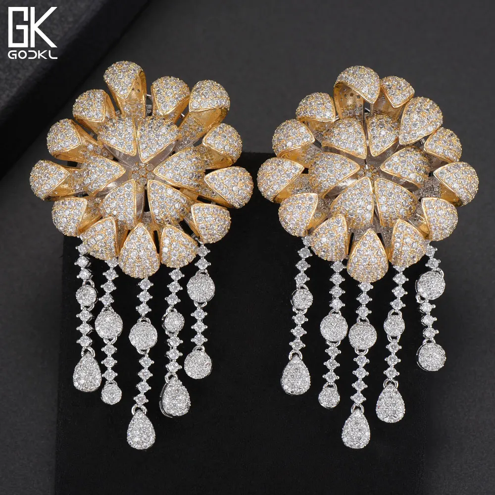 GODKI Luxury Daisy Flower Nigerian Tassels Long Dangle Earrings For Women Zircon Crystal African Indian Dubai Bridal Earring | Украшения и
