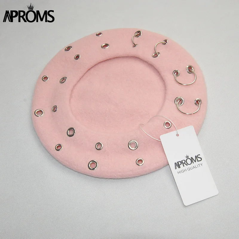 Aproms Розовый шерстяной металлический обруч берет Кепка женская элегантная 90s мечта осень зима Женская Повседневная французская шляпа берет эффектный аксессуар - Цвет: Розовый