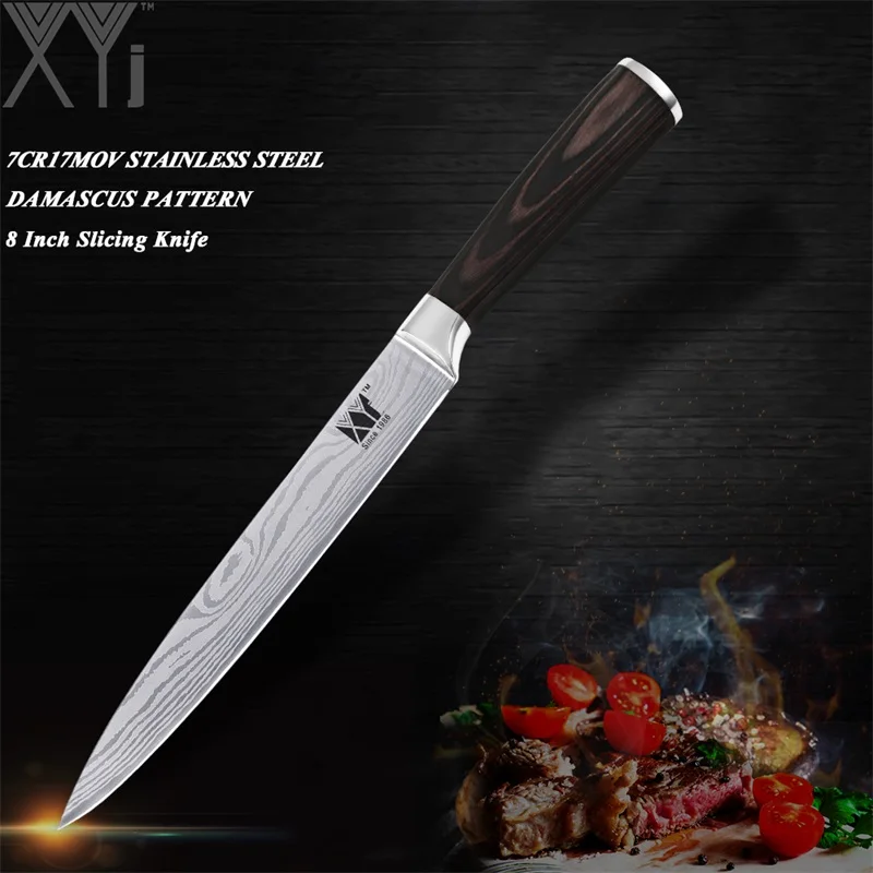 8 inch Slicing XYj дамасский узор из нержавеющей стали кухонный нож " шеф-повара нарезки 7" Santoku " Santoku утилита 3,5" нож для очистки овощей нож для приготовления пищи - Цвет: 8 inch Slicing