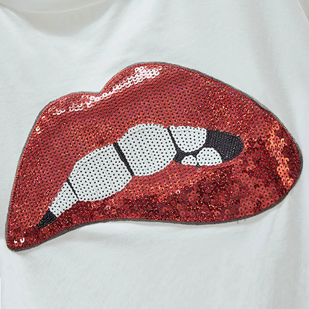 Модная Сексуальная футболка с блестками и губами женская одежда летняя коротким