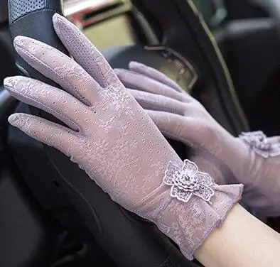 purple Женские кружевные солнцезащитные перчатки на весну и лето, женские противоскользящие перчатки для вождения, сексуальные кружевные перчатки для девушек R002 - Цвет: purple