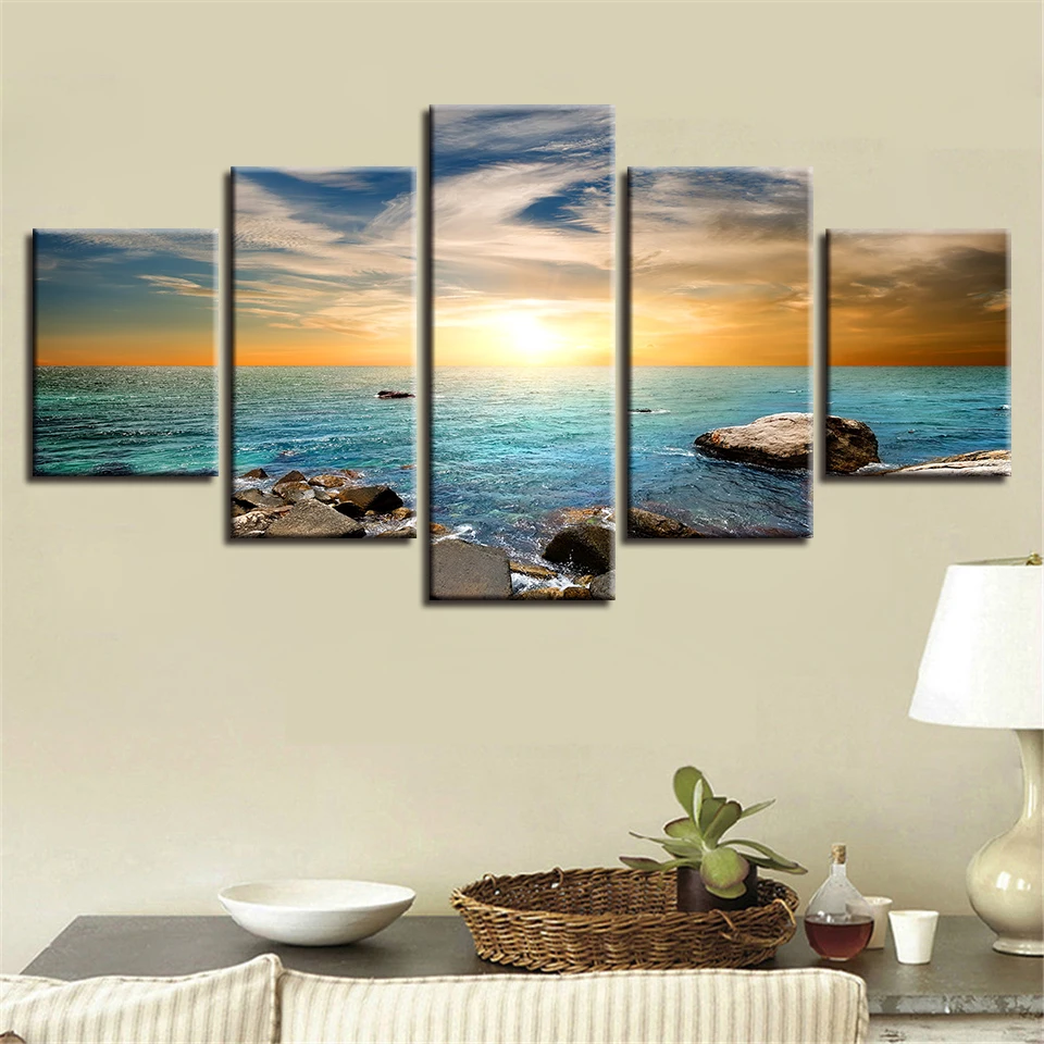 

Art Paintings HD Printing Decor Wall 5 Pieces Reef Stone Blue Sea Water Sunset Seascape Canvas Pictures Modular Framework Poster