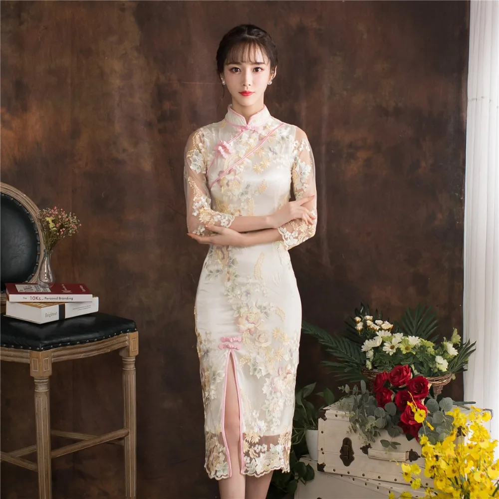 Платье Qipao кружевное с высоким разрезом|Чонсамы| |