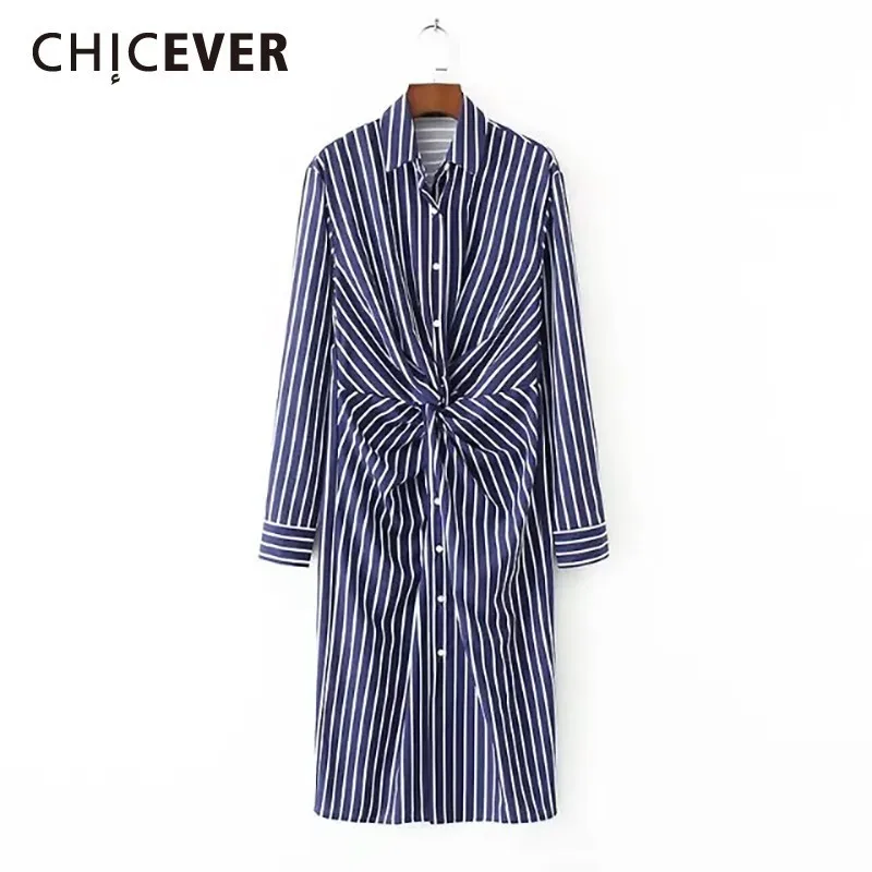 Женское платье CHICEVER Повседневное в полоску с отложным воротником и длинным
