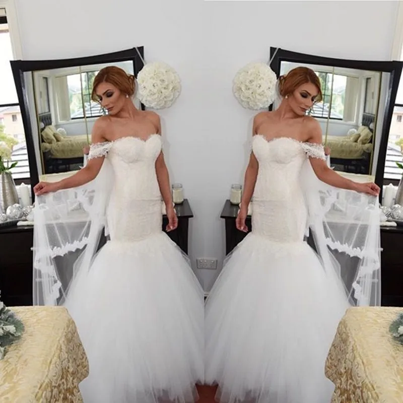 

Vestido De Casamento Fashion Off The Shoulder Sexy Mermaid Wedding Dress Lace Appliques Tulle White Woman Bridal Dresses