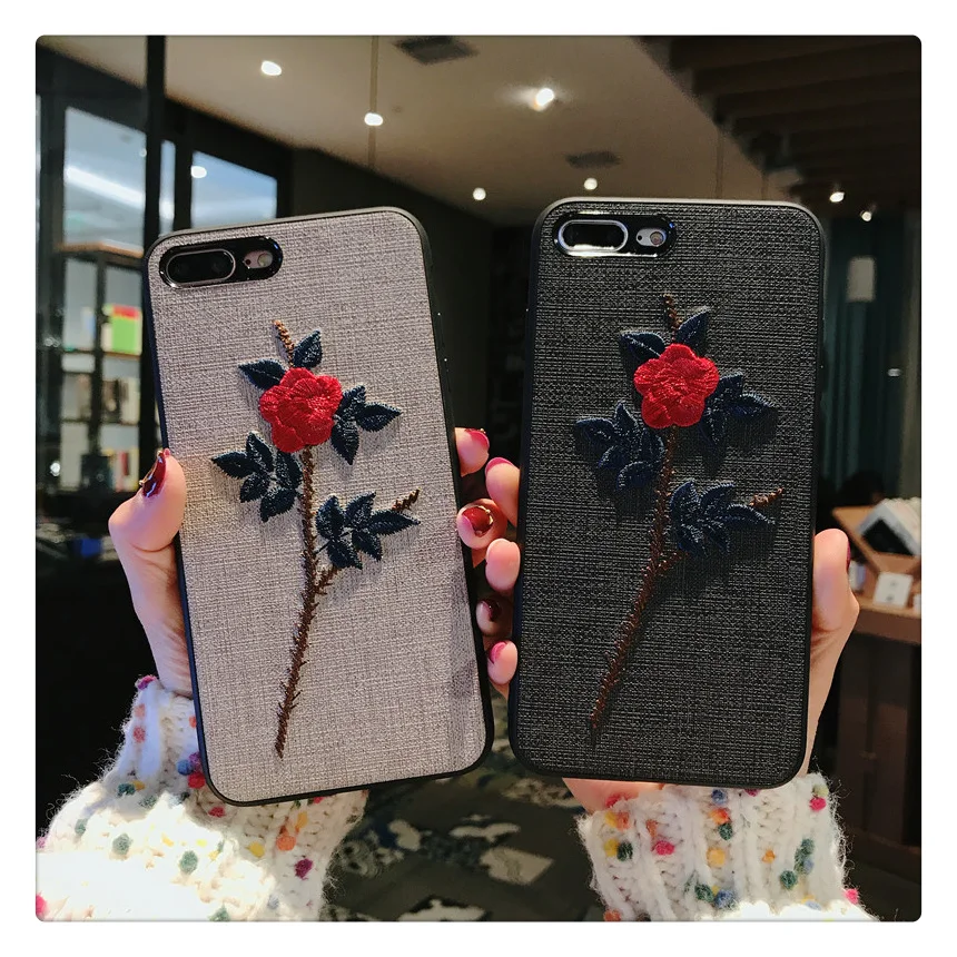 Роскошная вышитая крышка с цветком розы для iPhone 7 тонкий тканевый чехол X 8 6S 6 Plus 3D