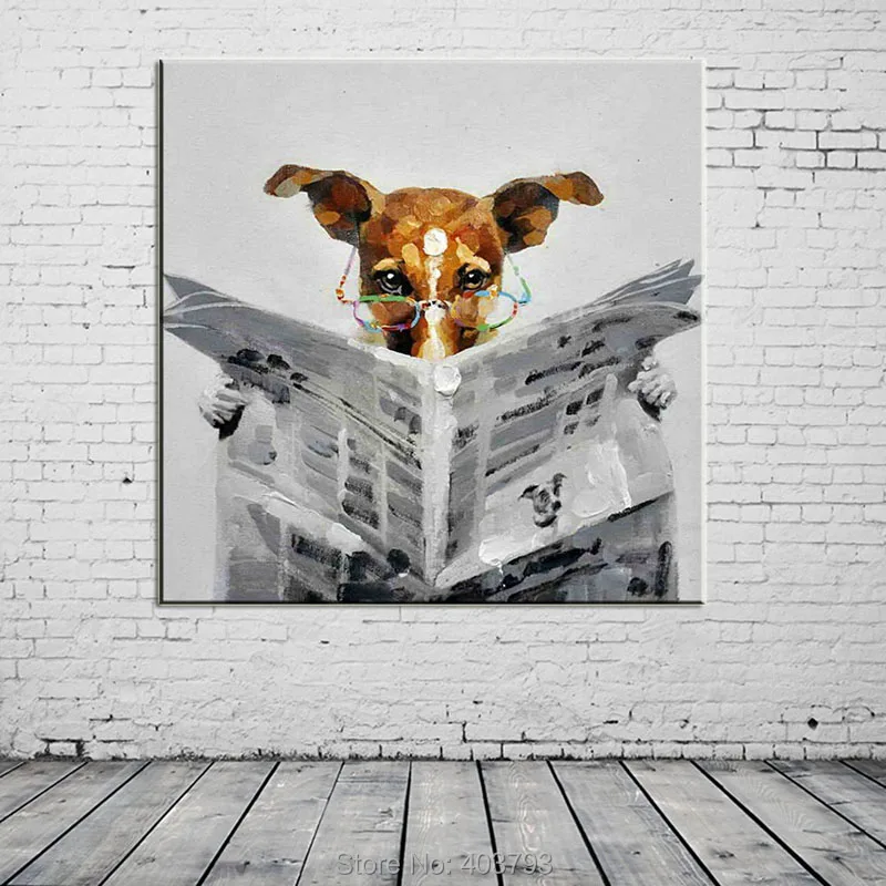 

Handmade Oil Painting on Canvas Decorative Pictures Read the Newspaper Dog for Living Room Modern Abstract Painting No Frame