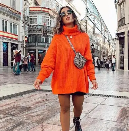 Winter Women Orange Color Turtleneck Knit Sweater Batwing Sleeves Oversize Pullovers | Женская одежда