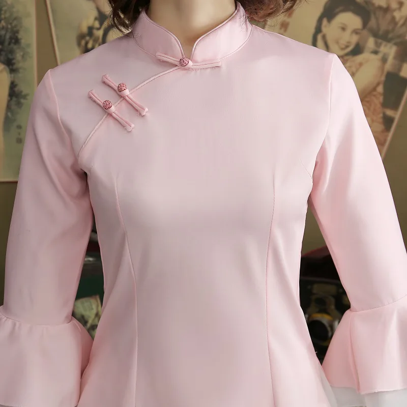 Новая улучшенная версия платья Чонсам китайский Hanfu Женский костюм Чонсам с рюшами на рукавах платье Чонсам комплект из двух предметов Размер S-3XL