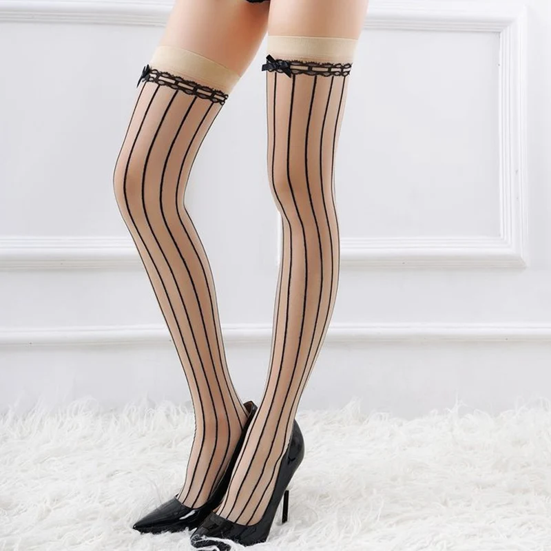 Женские прозрачные нейлоновые длинные носки в Вертикальную Полоску с бантом